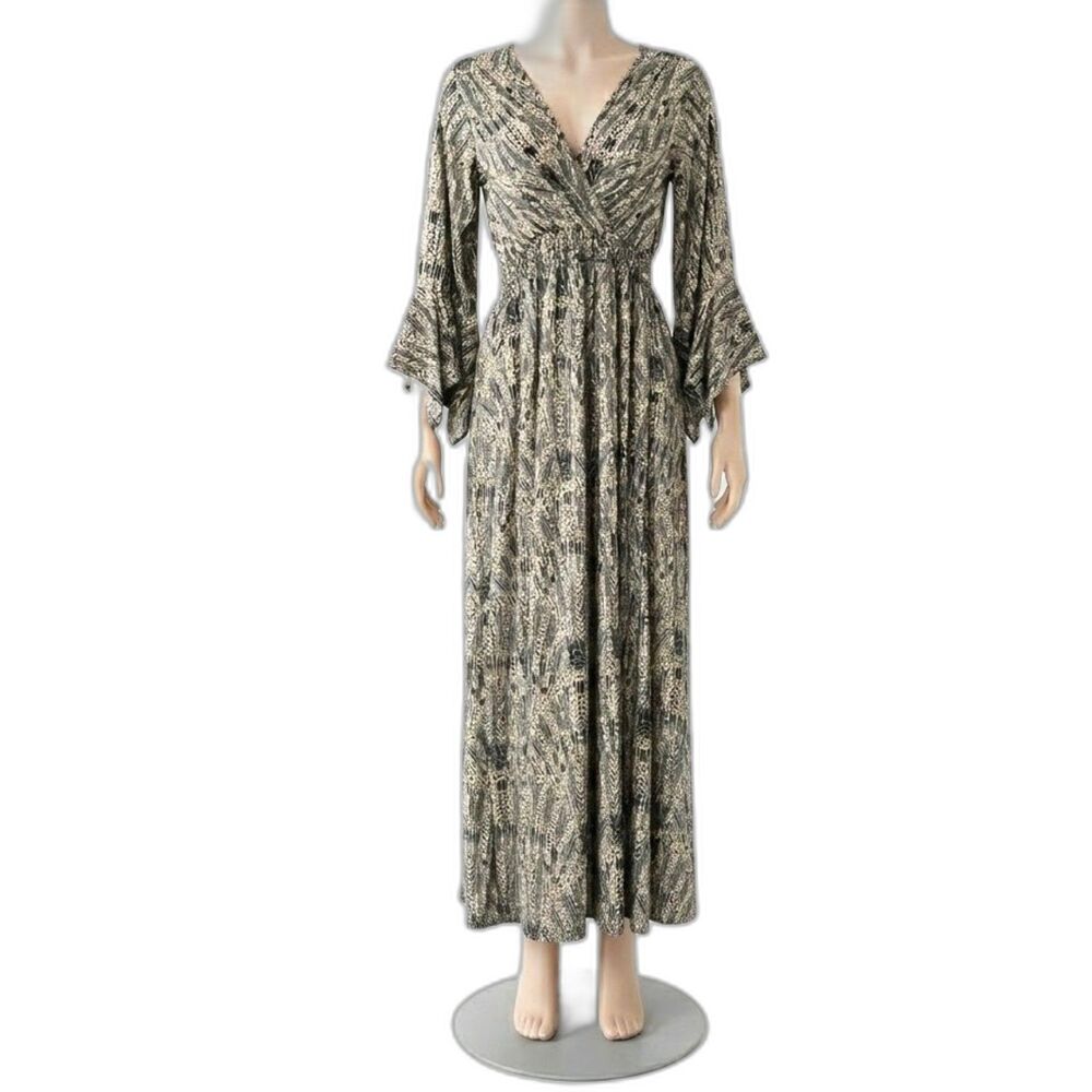 Lapogee Maxi Dress Bell Sleeves Feather Print Chevron Sz. M Boho Whimsigoth